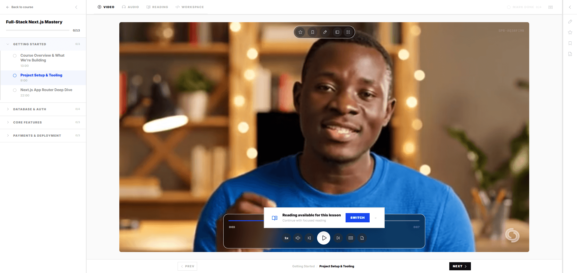 Sprinary course player with live coding video, dynamic controls, and learner tools